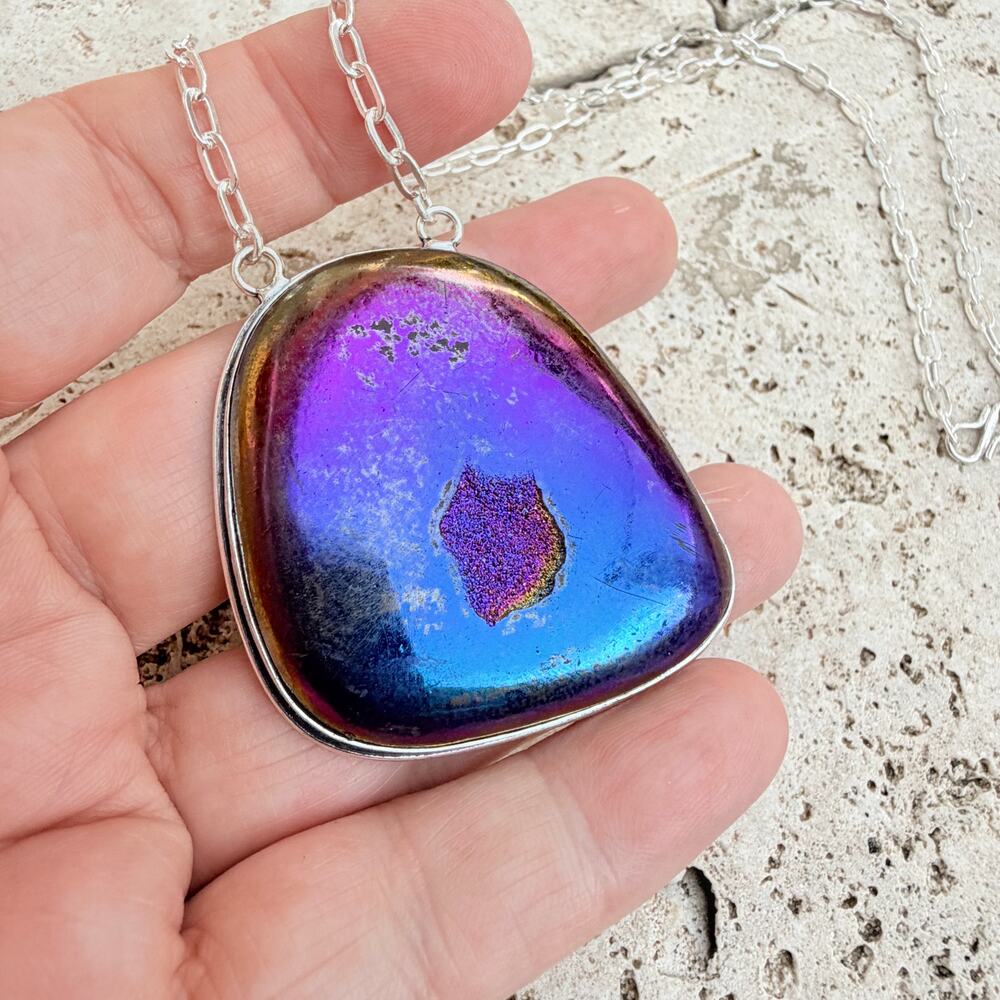 Peacock Aura Druzy Pendant 925 Silver Overlay